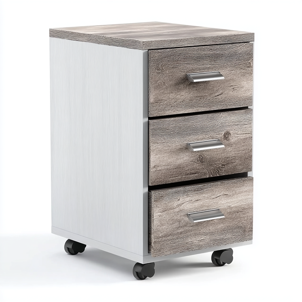 Aktenschrank Holzdekor 40x35x65 cm - Weiß mit Eichenoptik und Rollen - Modernes Design