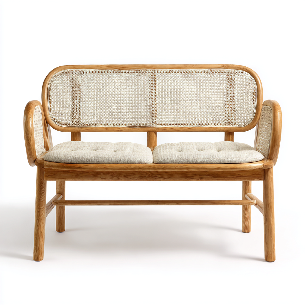 Gartenbank Holz Natur 122x62x85 cm - Zweiersitzbank mit Rattangeflecht und gepolstertem Sitz - Skandinavisches Design für Innen und Außen-Warmthist