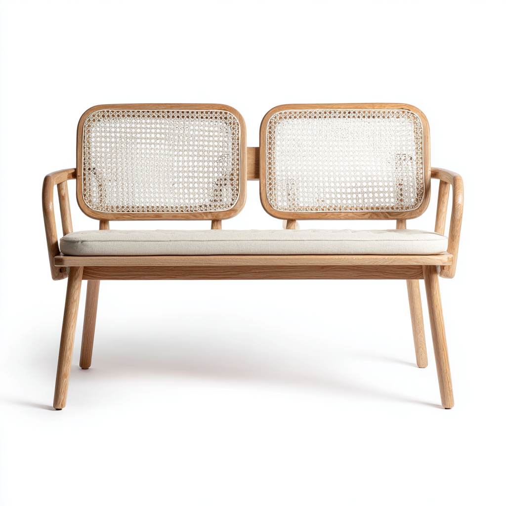 Gartenbank Holz Natur 118x58x83 cm - Zweiersitzbank mit Rattangeflecht Rückenlehne - Skandinavisches Design für Innen und Außen-Warmthist