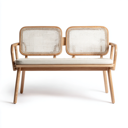 Gartenbank Holz Natur 118x58x83 cm - Zweiersitzbank mit Rattangeflecht Rückenlehne - Skandinavisches Design für Innen und Außen-Warmthist