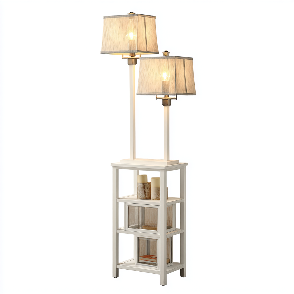 Offene Regal-Stehlampe mit zwei Stoffschirmen - 40x40x165 cm - Weiß - Multifunktionales Design mit Ablagen für Wohnzimmer und Schlafzimmer-Warmthist