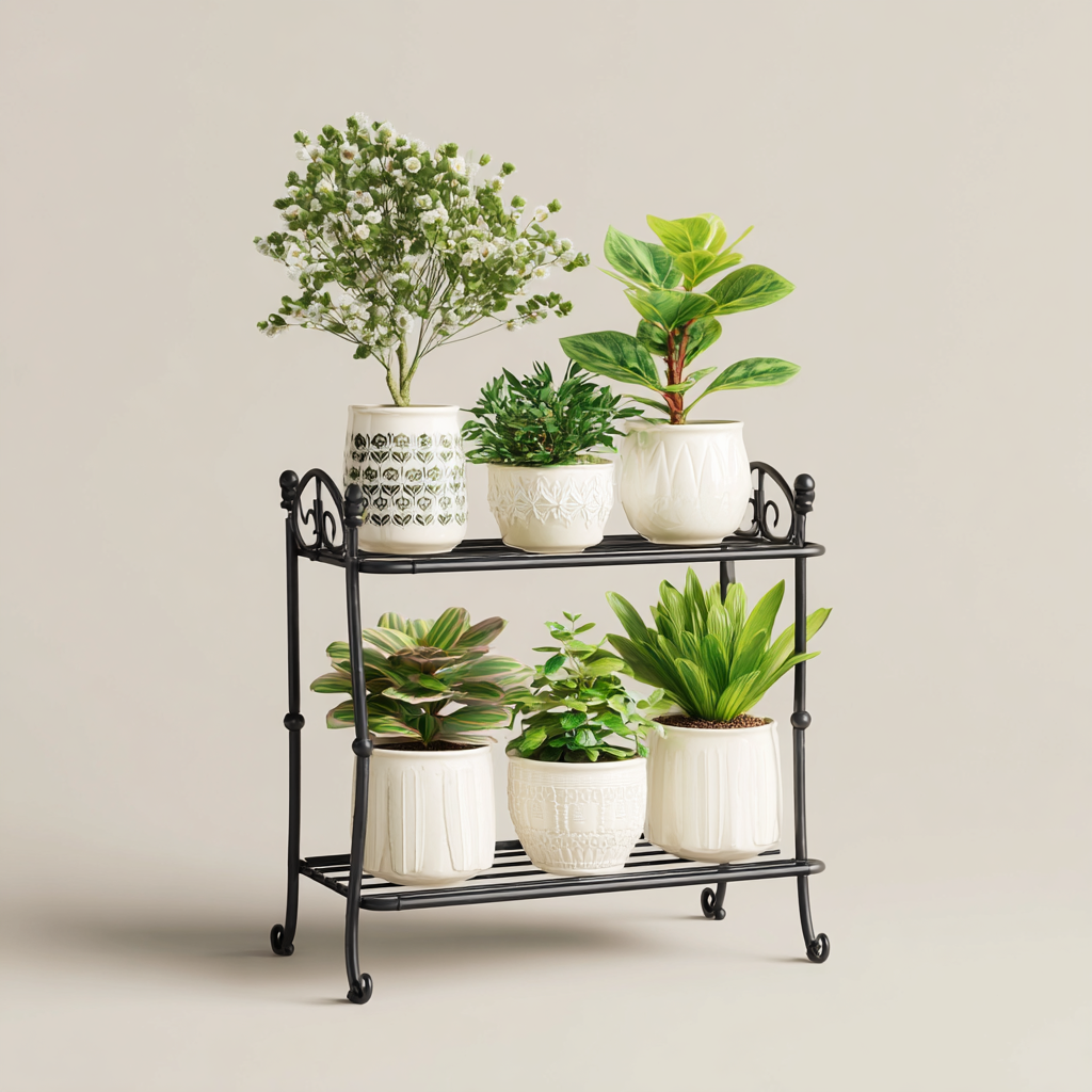 Pflanzenregal Metall 2 Ebenen 60x28x70 cm - Schwarz - Elegantes Blumenregal mit geschwungenem Design für Innenbereich-Warmthist