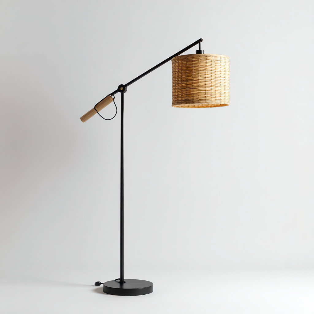 Stehlampe mit verstellbarem Rattanschirm - 160x40x40 cm - Schwarz/Natur - Moderne Bodenlampe aus Metall und Rattan für Wohnzimmer-Warmthist