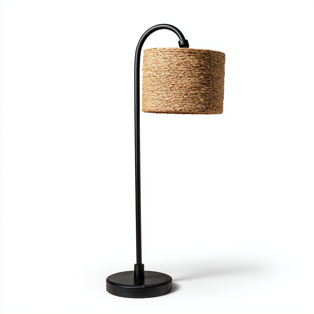 Stehlampe Rattan Metall 32x32x150 cm - Naturfarben - Boho Design mit gebogenem Lampenarm