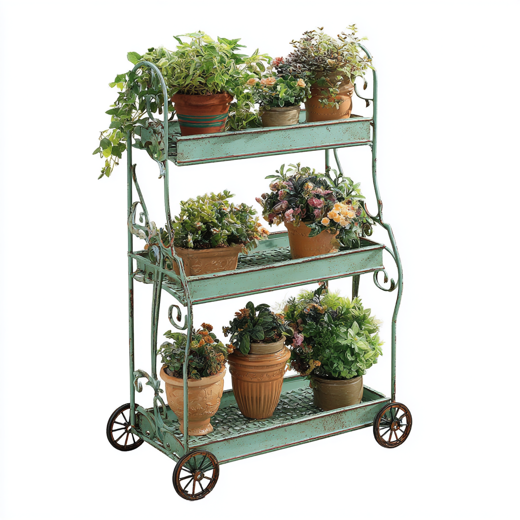 Pflanzenregal Metall 3 Ebenen 70x35x95 cm - Antikgrün - Vintage Design mit Rollen