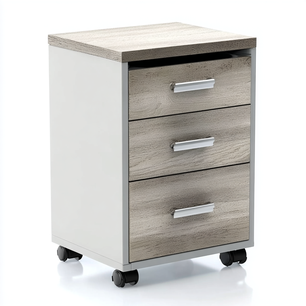 Aktenschrank Holzdekor 39x38x66 cm - Weiß mit Eichenoptik und Rollen - Modernes Design