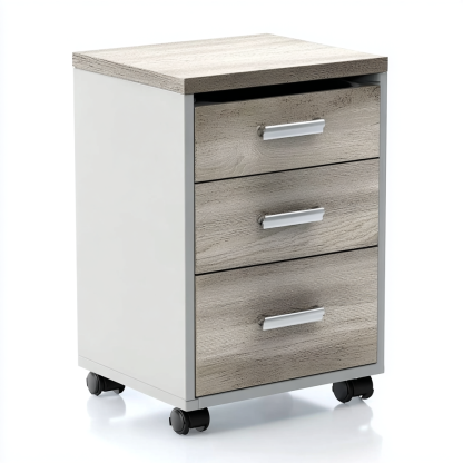 Aktenschrank Holzdekor 39x38x66 cm - Weiß mit Eichenoptik und Rollen - Modernes Design