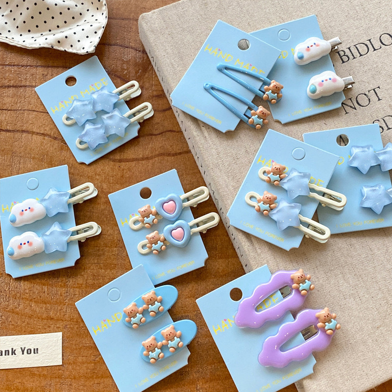 Kawaii Pastel Blue Bear Hair Clips Set, Cloud Star Heart Decor Hair Barrettes Sweet Side Bang Hair Pins for Little Girls Teens