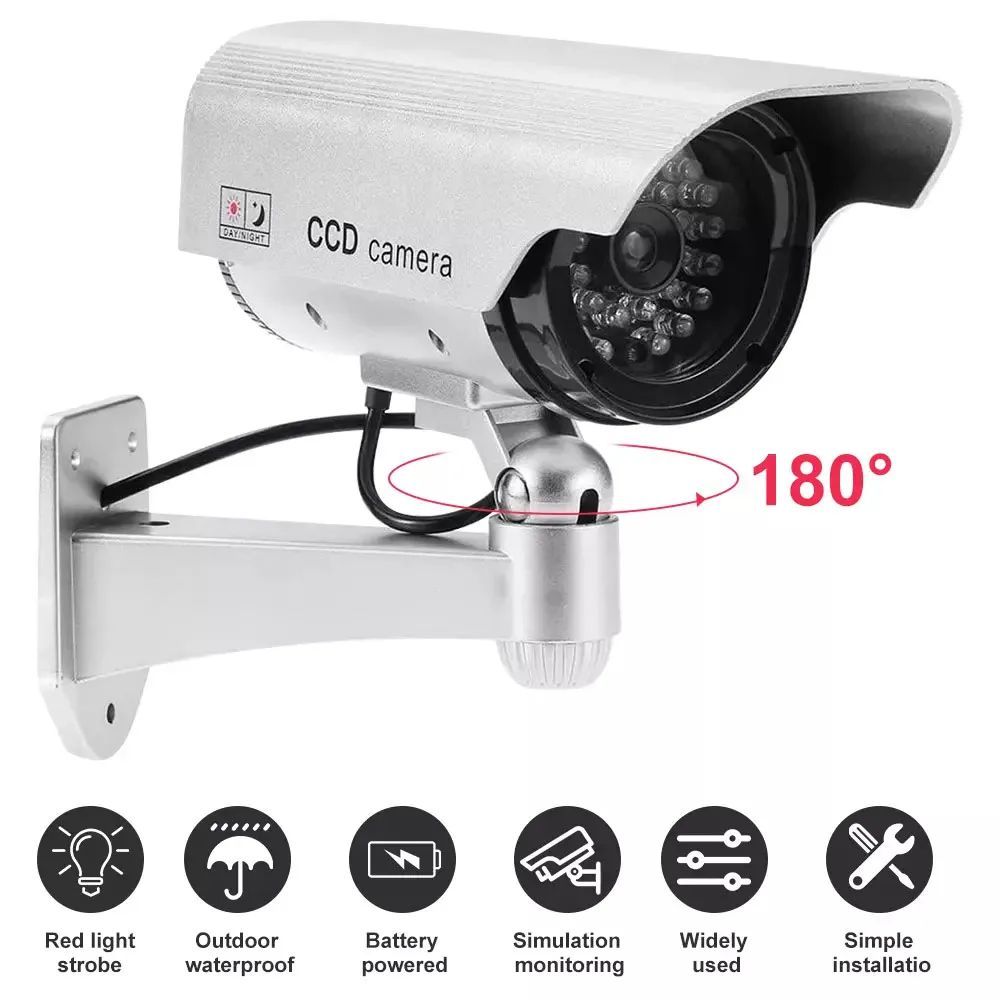 Fake Dummy Camera Security Surveillance CCTV Silver/Black With Red LED Flashing Light Waterproof Outdoor Indoor Silver/Black