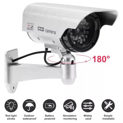 Fake Dummy Camera Security Surveillance CCTV Silver/Black With Red LED Flashing Light Waterproof Outdoor Indoor Silver/Black