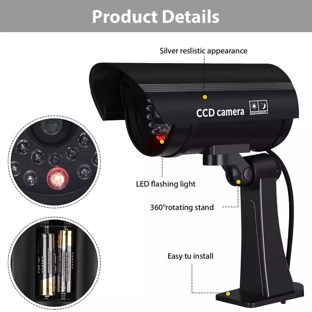 Fake Dummy Camera Security Surveillance CCTV Silver/Black With Red LED Flashing Light Waterproof Outdoor Indoor Silver/Black