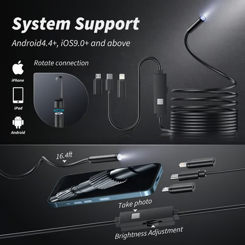 🔎 Plug-and-Play Endoscope Camera - Compatible with Android & iPhone & ipad for Direct Connection