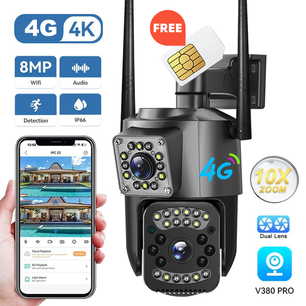 V380 SIM Card Network Bullet PTZ Kamera 8MP Outdoor Security CCTV 4G Dual Lens PTZ Camera