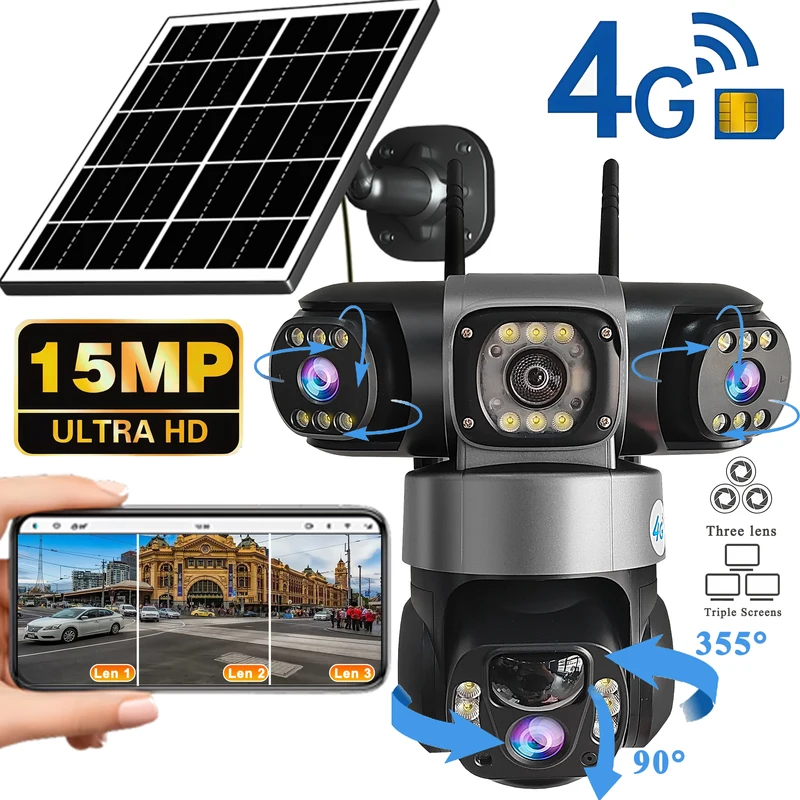 3 Lens 4G Solar Camera 15MP HD Security CCTV Waterproof Night Vision Two-Way Audio Camera Mobile Tracking 4G IP Cameras V380 Pro