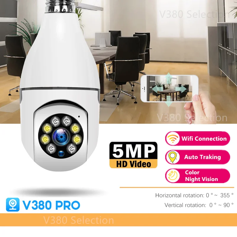 V380 Pro CCTV Bulb Camera WIFI 5MP Indoor Outdoor Wireless Connect To Cellphone 360