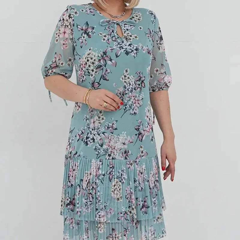 🌹Elegant chiffon long pleated dress with short sleeves