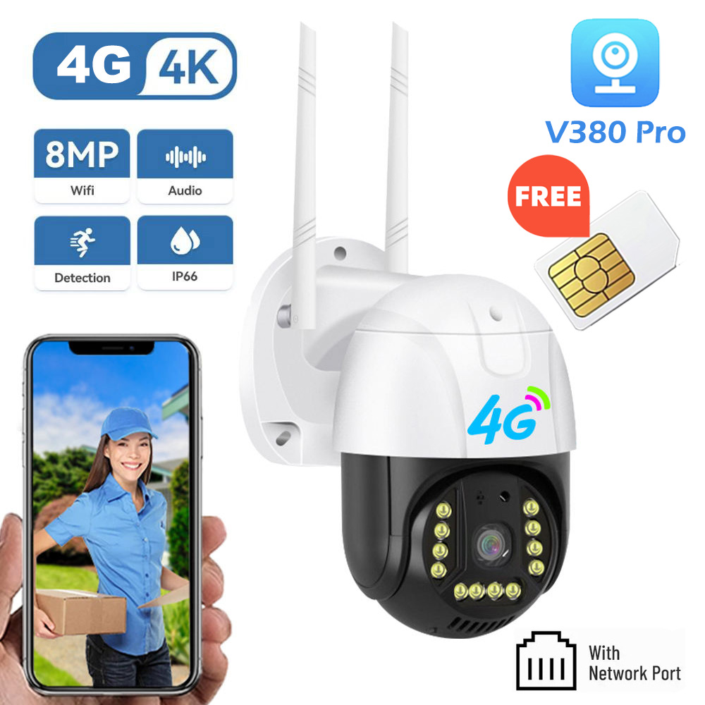 Outdoor PTZ Camera 4G Sim Card LTE RJ45 Network Port Wired CCTV Camera 8MP 1080P 4G Camera