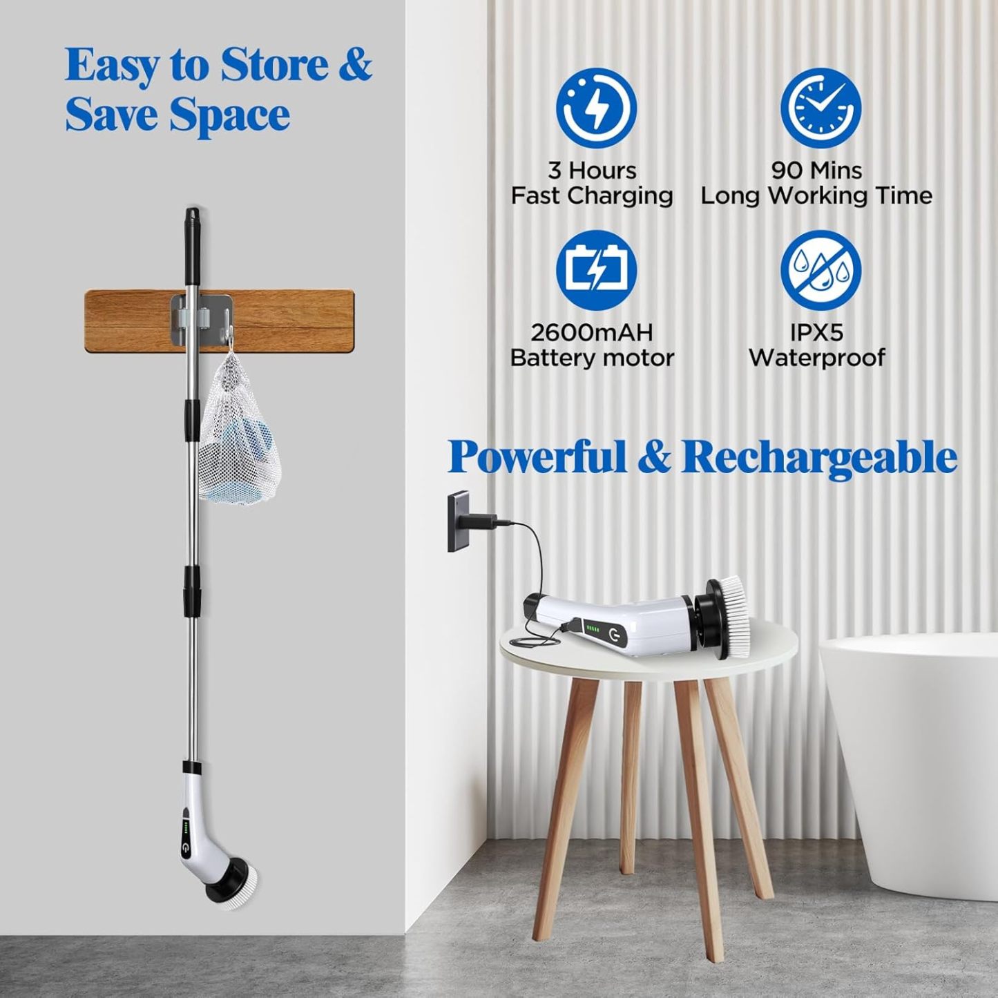 Electric Spin Scrubber, Cordless Bath Tub Power Scrubber with 8 Replaceable Drill Brush Heads, Shower Cleaning Brush with Adjustable Handle for Bathroom, Tile Floor & Car, White, (ANS-8050)