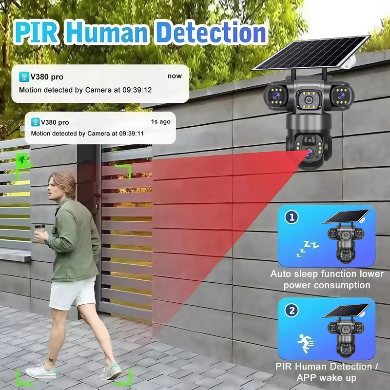 3 Lens 4G Solar Camera 15MP HD Security CCTV Waterproof Night Vision Two-Way Audio Camera Mobile Tracking 4G IP Cameras V380 Pro