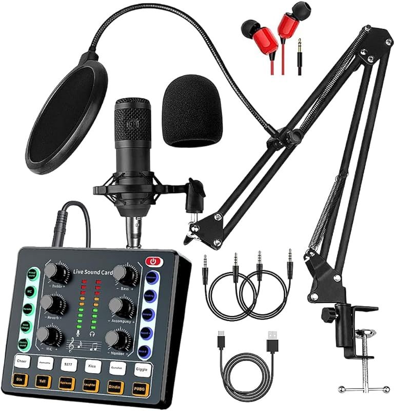 Podcast Equipment Bundle, BM-800 Recording Studio Package with Voice Changer, Live Sound Card - Audio Interface for Laptop Computer Vlog Living Broadcast Live Streaming YouTube TikTok (AM100-V8)