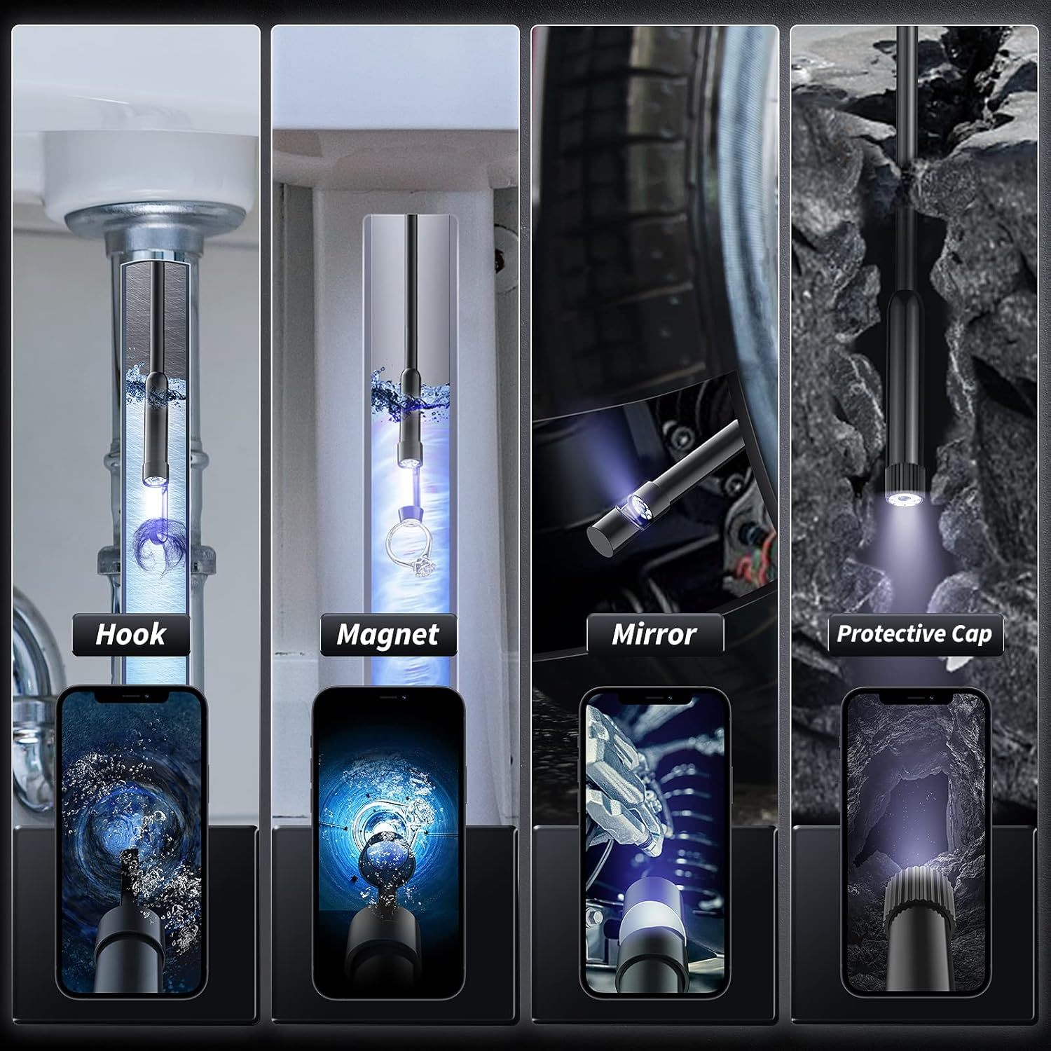 Endoscope Camera with Light, 1920P HD Bore Scope Borescope with 8 Lights, Waterproof 16.4FT Semi-Rigid Cord for Pipe Inspection, Industrial Endoscope for Phones(Black)