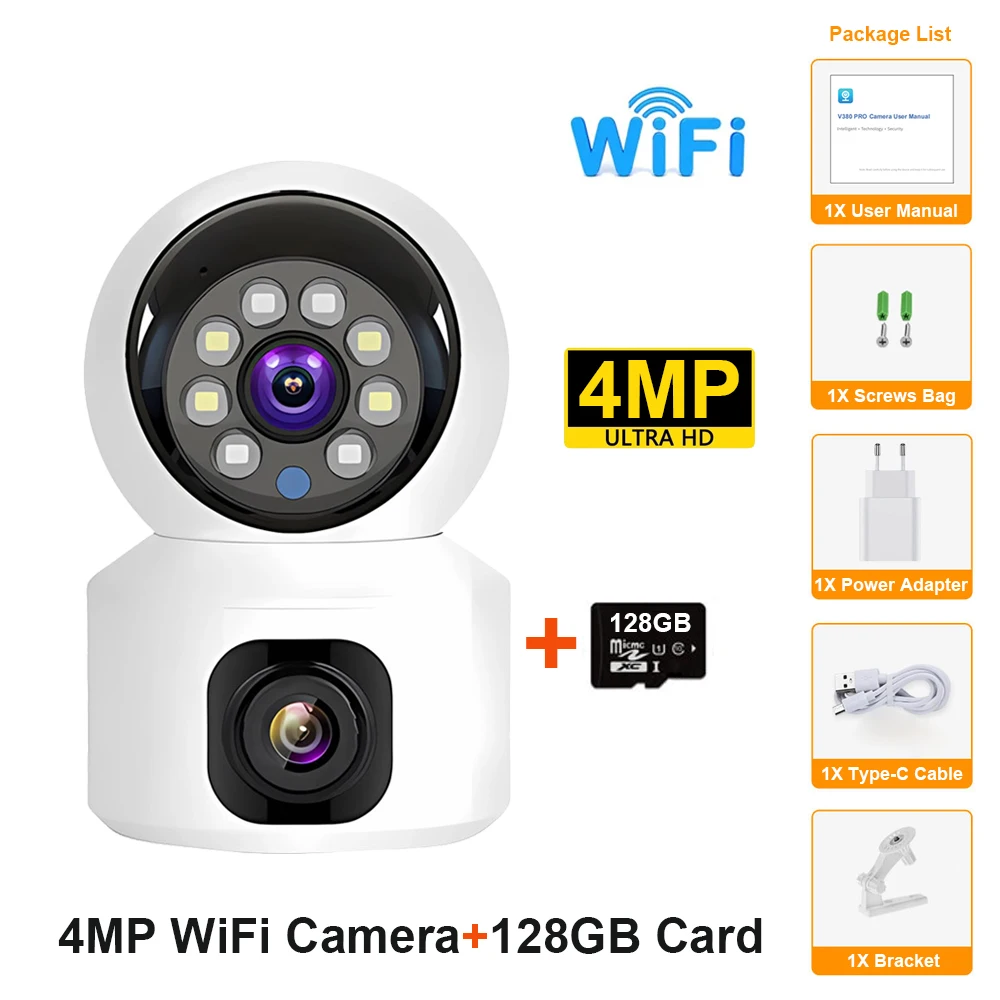 HD Mini Camera Wifi Wireless Dual Lens 8MP IP Cameras Smart Night Vision CCTV Security V380 Pro PTZ Camara Indoor Baby Monitor