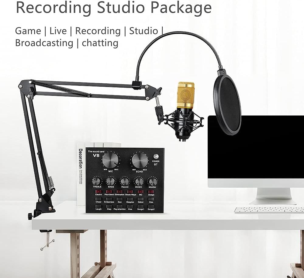 Podcast Equipment Bundle, BM-800 Recording Studio Package with Voice Changer, Live Sound Card - Audio Interface for Laptop Computer Vlog Living Broadcast Live Streaming YouTube TikTok (AM100-V8)