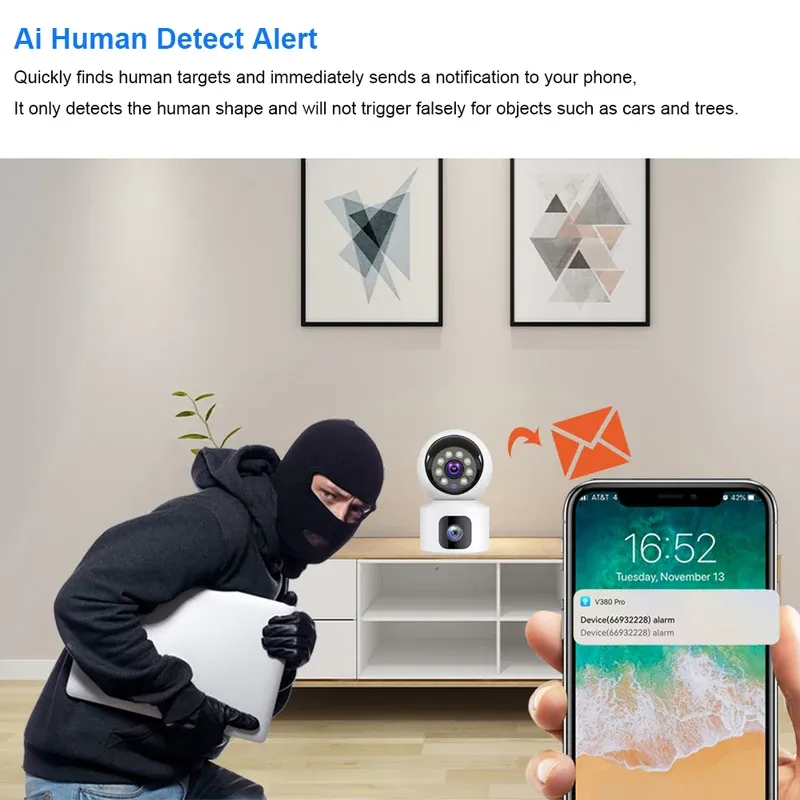 HD Mini Camera Wifi Wireless Dual Lens 8MP IP Cameras Smart Night Vision CCTV Security V380 Pro PTZ Camara Indoor Baby Monitor