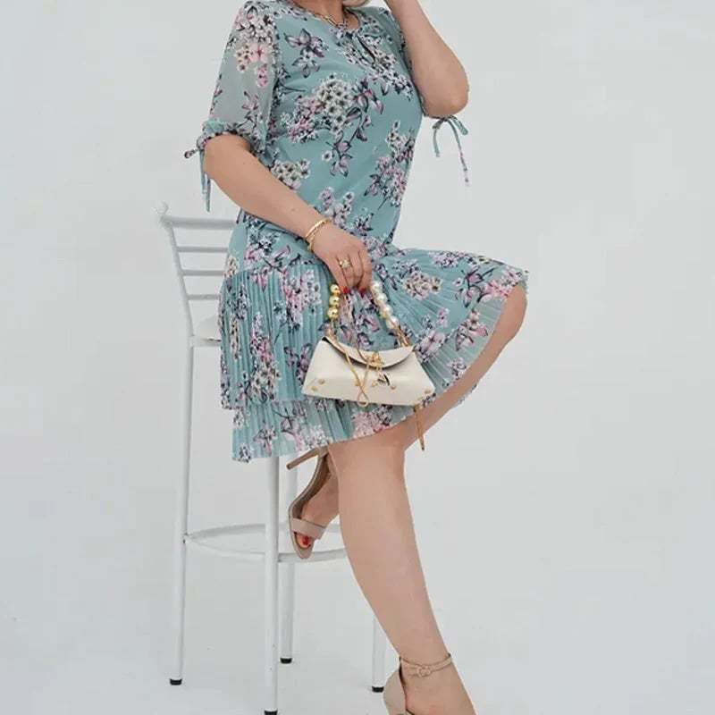 🌹Elegant chiffon long pleated dress with short sleeves