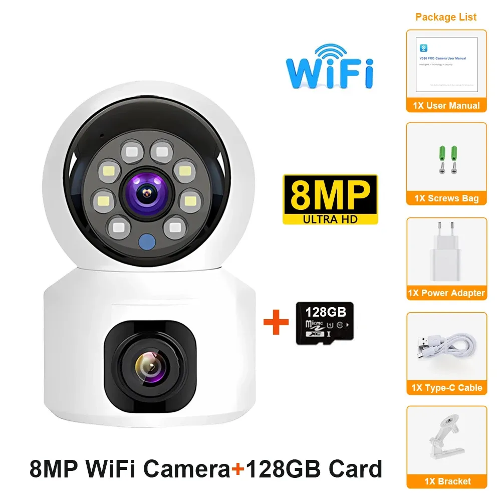 HD Mini Camera Wifi Wireless Dual Lens 8MP IP Cameras Smart Night Vision CCTV Security V380 Pro PTZ Camara Indoor Baby Monitor