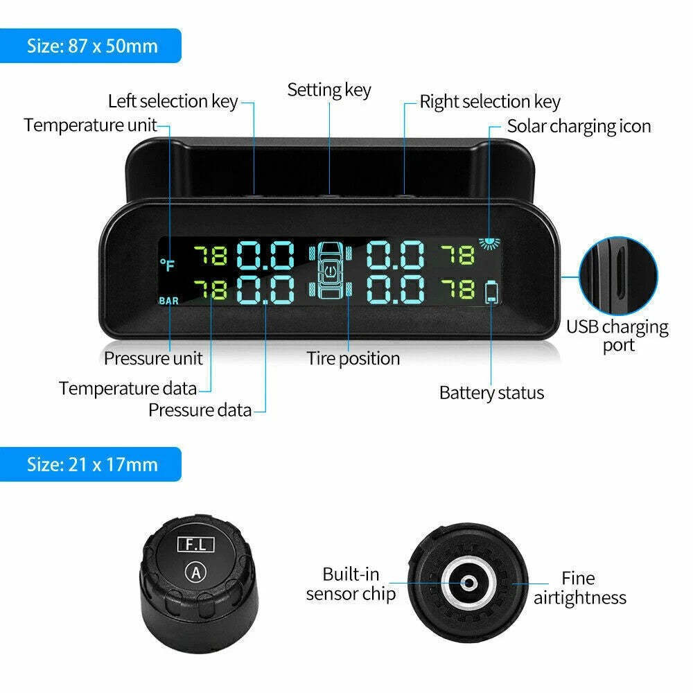 Solar Powered Tyre Pressure Monitoring System - Car + 4WD TPMS