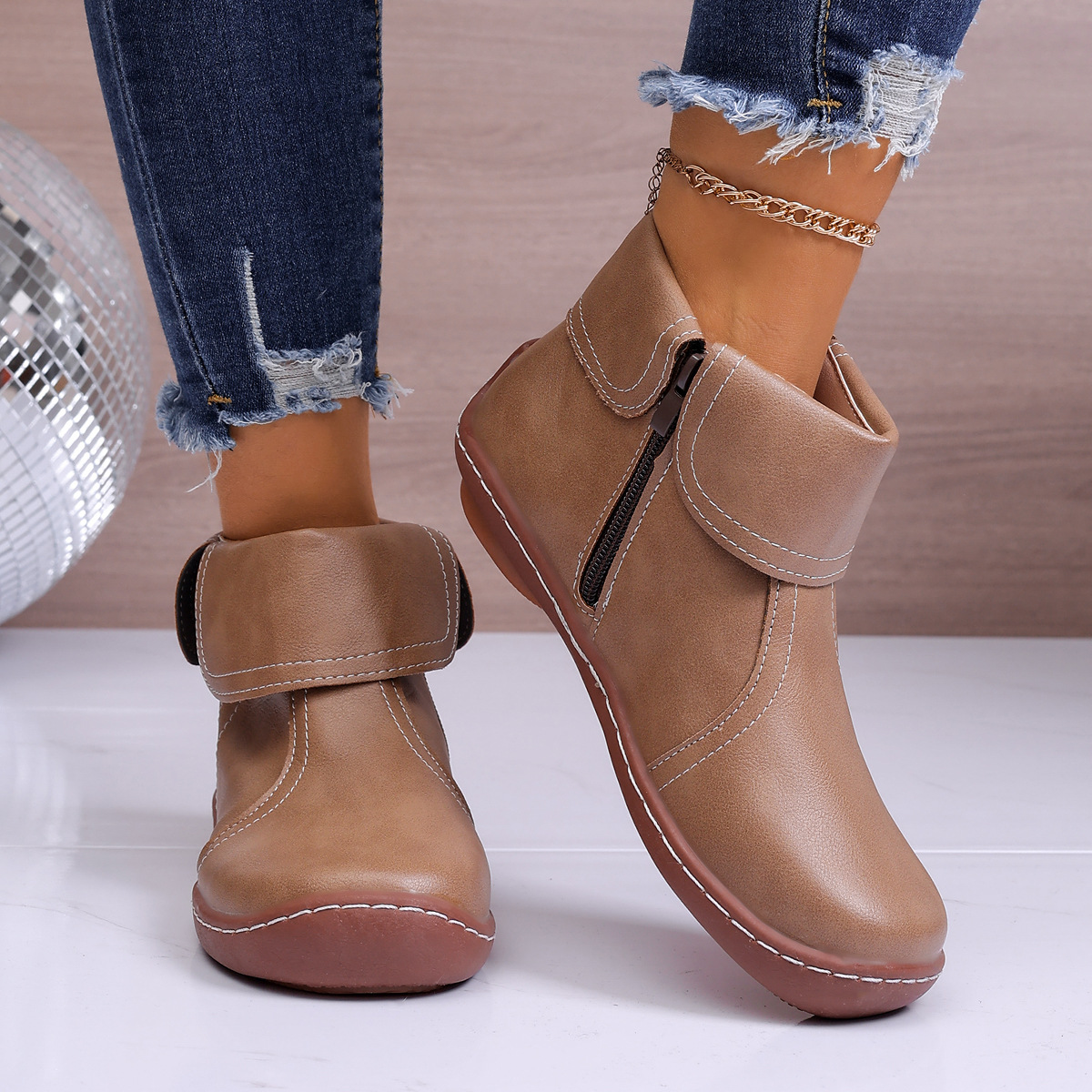 Retro Women Walking Arch Support Boots Faux Leather Zip Flat Ankle Booties Shoes
