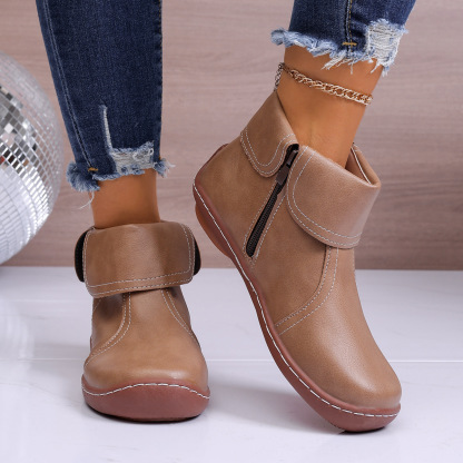 Retro Women Walking Arch Support Boots Faux Leather Zip Flat Ankle Booties Shoes