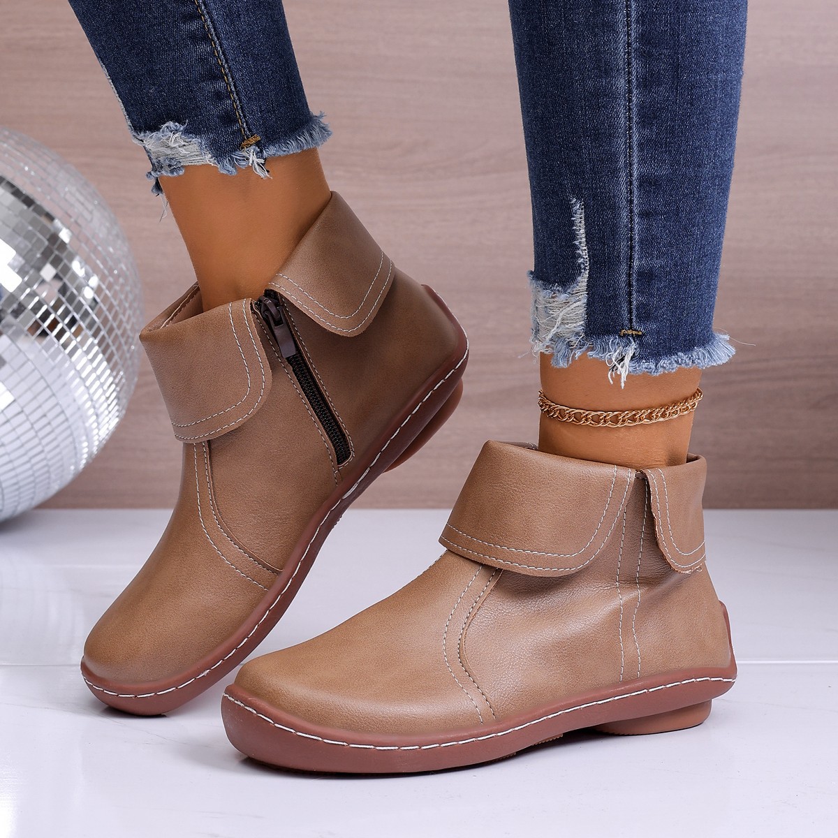 Retro Women Walking Arch Support Boots Faux Leather Zip Flat Ankle Booties Shoes