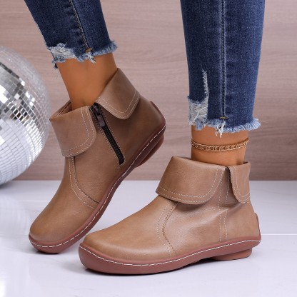 Retro Women Walking Arch Support Boots Faux Leather Zip Flat Ankle Booties Shoes