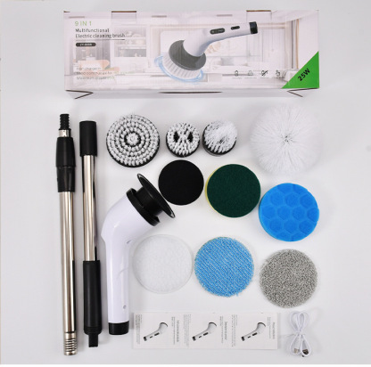 Electric Spin Scrubber, Cordless Bath Tub Power Scrubber with 9 Replaceable Drill Brush Heads, Shower Cleaning Brush with Adjustable Handle for Bathroom, Tile Floor & Car, White, (ANS-8050)