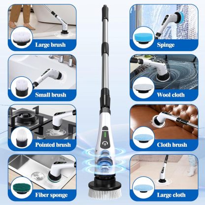 Electric Spin Scrubber, Cordless Bath Tub Power Scrubber with 8 Replaceable Drill Brush Heads, Shower Cleaning Brush with Adjustable Handle for Bathroom, Tile Floor & Car, White, (ANS-8050)