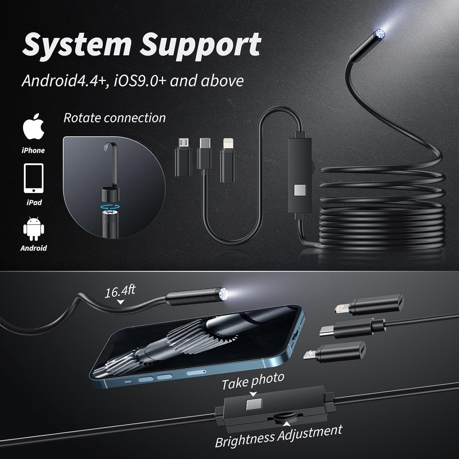 Endoscope Camera with Light, 1920P HD Bore Scope Borescope with 8 Lights, Waterproof 16.4FT Semi-Rigid Cord for Pipe Inspection, Industrial Endoscope for Phones(Black)