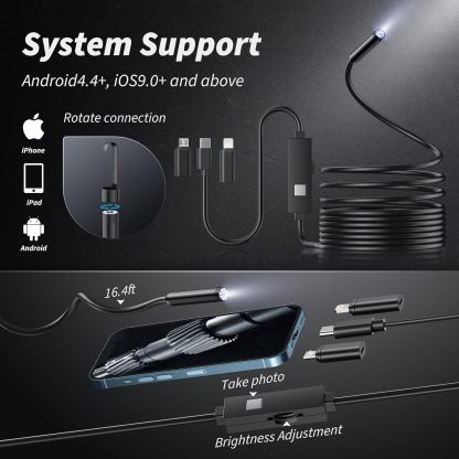 Endoscope Camera with Light, 1920P HD Bore Scope Borescope with 8 Lights, Waterproof 16.4FT Semi-Rigid Cord for Pipe Inspection, Industrial Endoscope for Phones(Black)