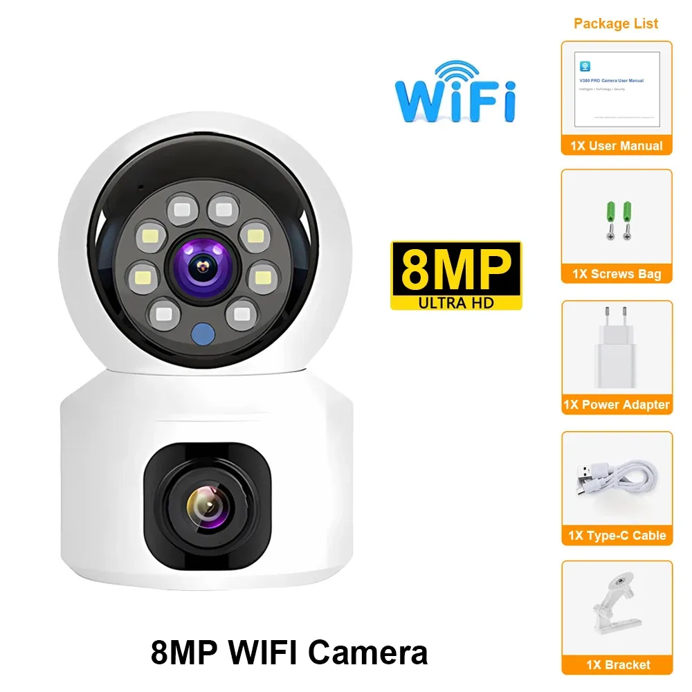 HD Mini Camera Wifi Wireless Dual Lens 8MP IP Cameras Smart Night Vision CCTV Security V380 Pro PTZ Camara Indoor Baby Monitor