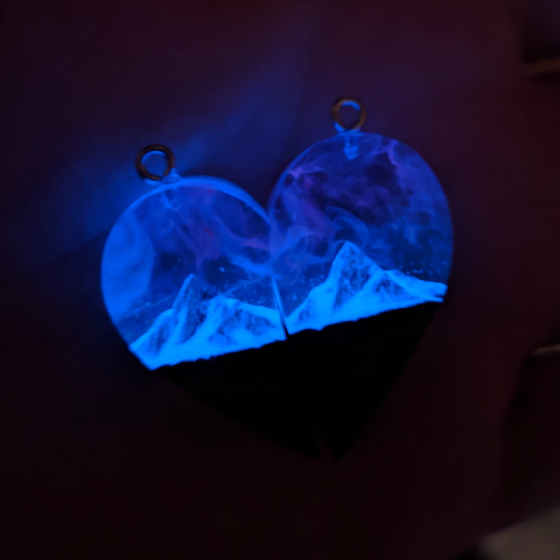 Wood Resin Paired Heart Pendants Mountains