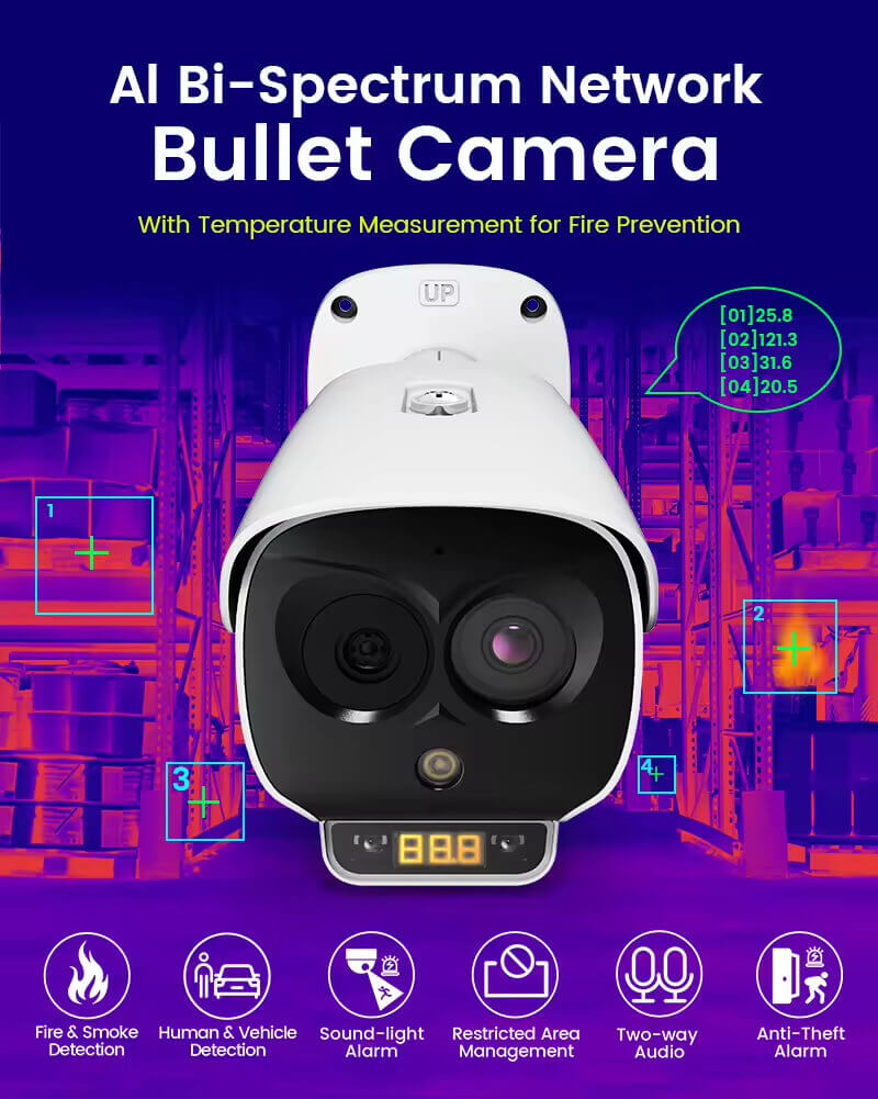 AI Bi-Spectrum Security Bullet Thermal Camera | Fire & Smoke Detection, Temperature Measurement
