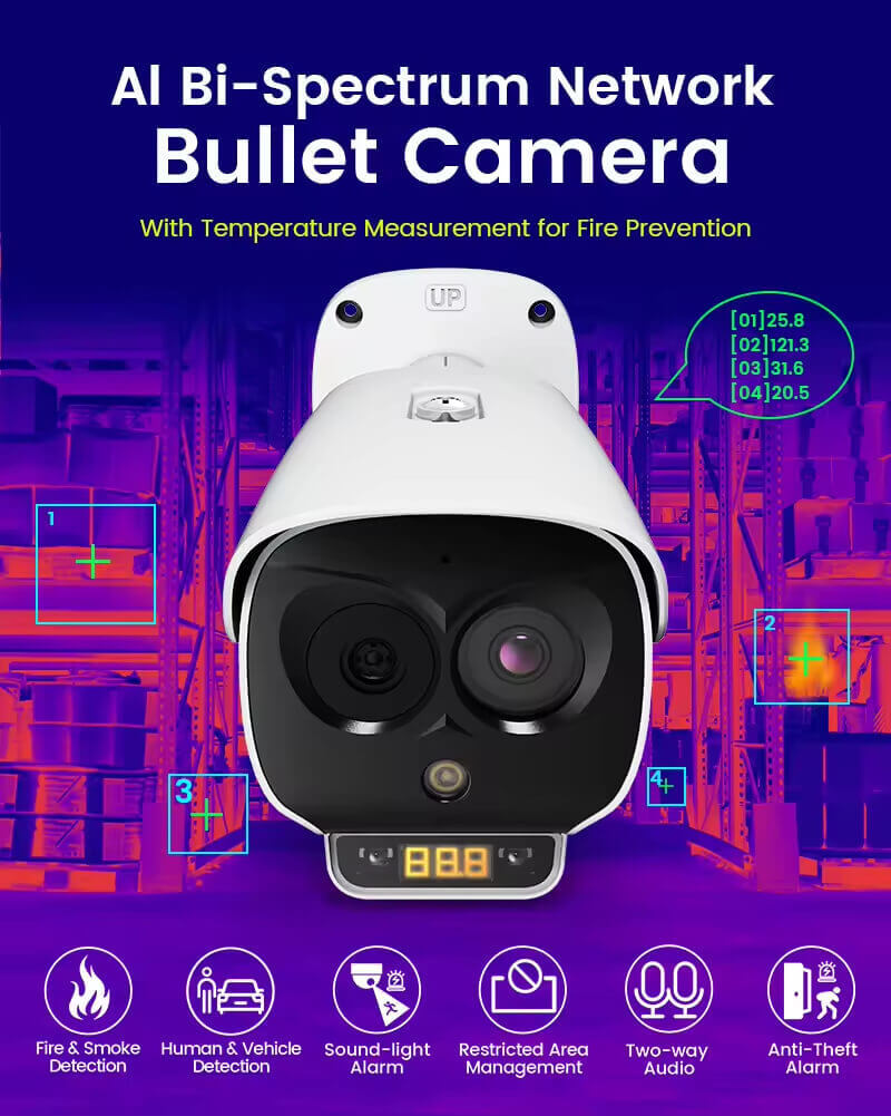AI Bi-Spectrum Security Bullet Thermal Camera | Fire & Smoke Detection, Temperature Measurement