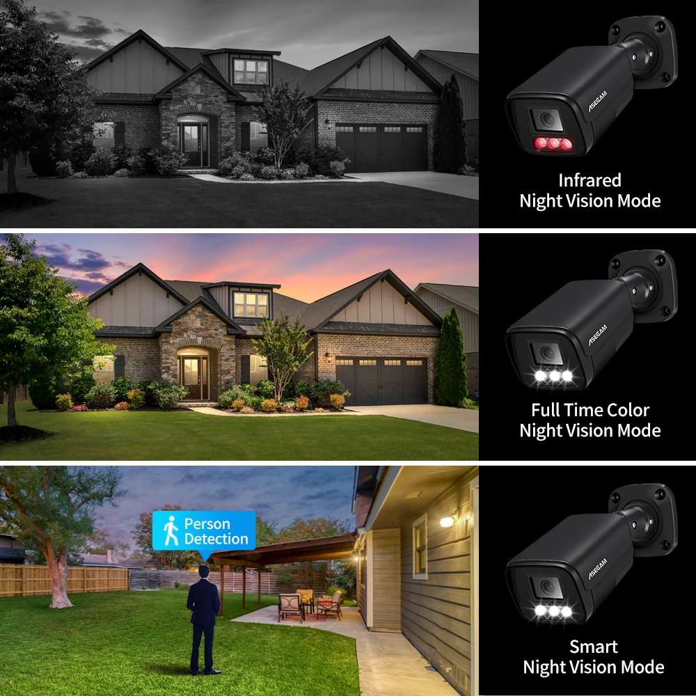 ASECAM 4K 8MP IP Camera Audio CCTV Recording Outdoor POE H.265 Onvif Metal Black 4MP Human Detection Surveillance Camera