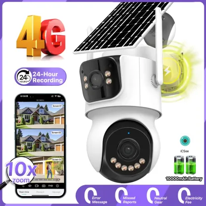 4G SIM Solar Camera 24/7 Recording Outdoor Three Screen AOV 10X Zoom Camera Built-in Battery Security Auto Tracking Camera iCSee