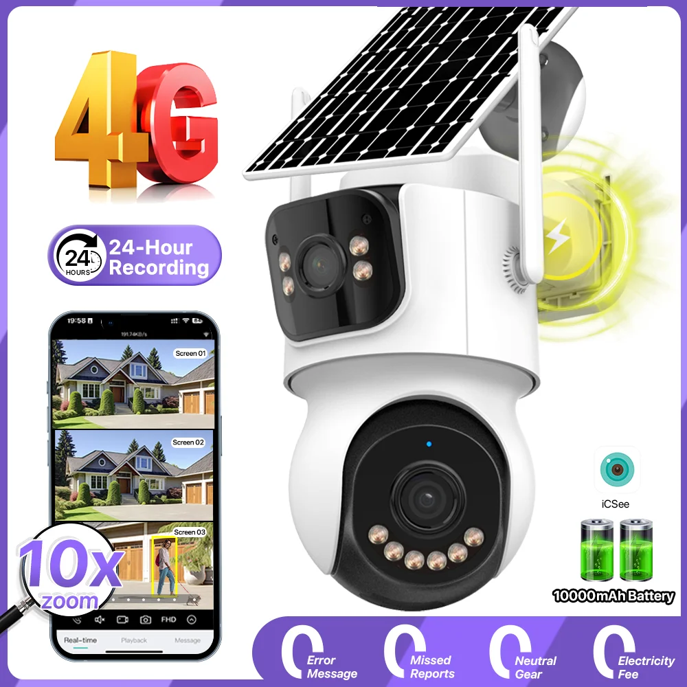 4G SIM Solar Camera 24/7 Recording Outdoor Three Screen AOV 10X Zoom Camera Built-in Battery Security Auto Tracking Camera iCSee