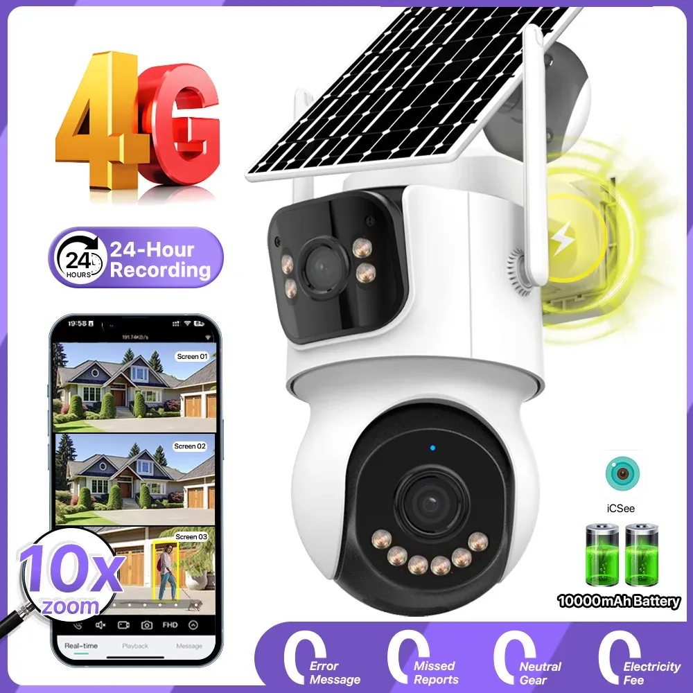 4G SIM Solar Camera 24/7 Recording Outdoor Three Screen AOV 10X Zoom Camera Built-in Battery Security Auto Tracking Camera iCSee