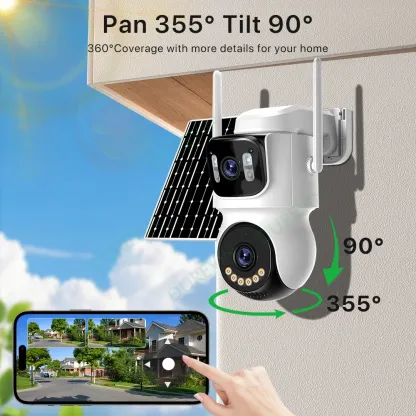 4G SIM Solar Camera 24/7 Recording Outdoor Three Screen AOV 10X Zoom Camera Built-in Battery Security Auto Tracking Camera iCSee