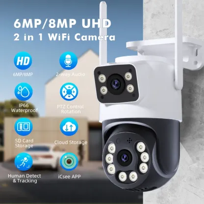 8MP 4K iCSee WiFi Camera PTZ Dual Screens Auto Tracking Night Vision CCTV Surveillance Camera Outdoor 6MP Security IP Camera
