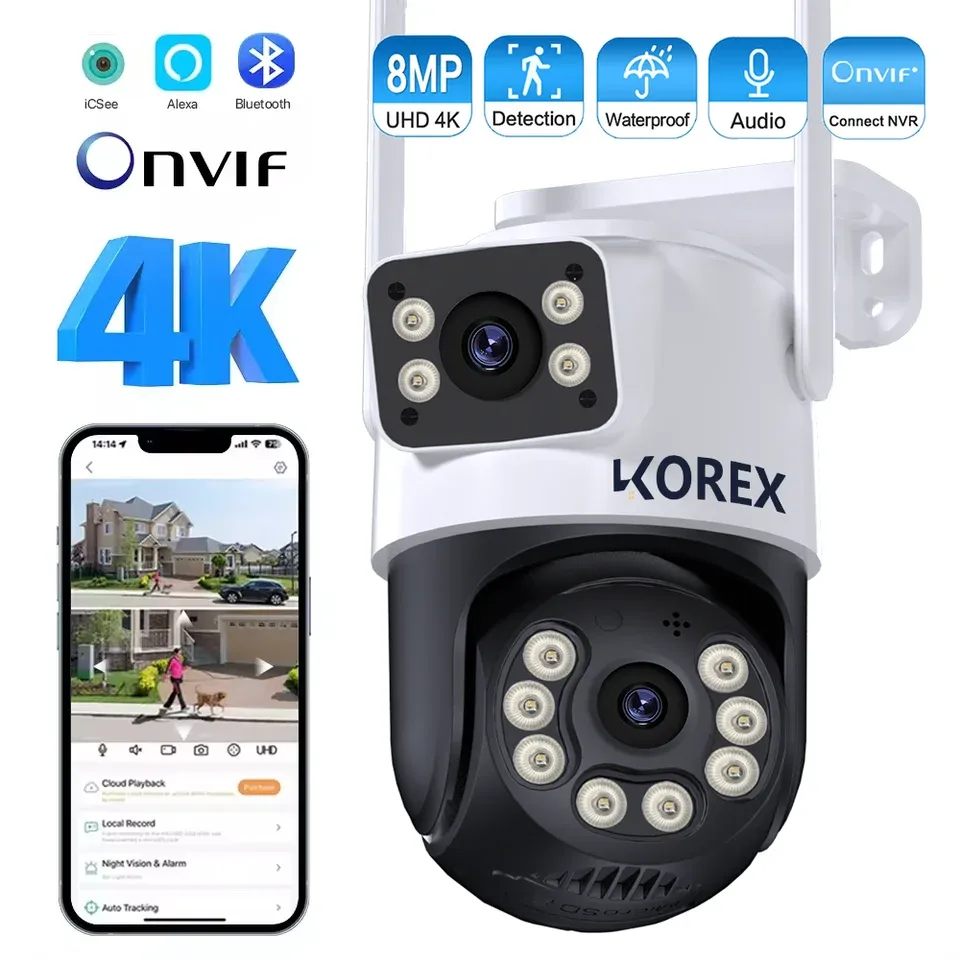 8MP 4K iCSee WiFi Camera PTZ Dual Screens Auto Tracking Night Vision CCTV Surveillance Camera Outdoor 6MP Security IP Camera